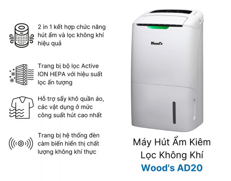 Tính năng nổi bật của máy hút ẩm kiêm lọc không khí Wood’s AD20