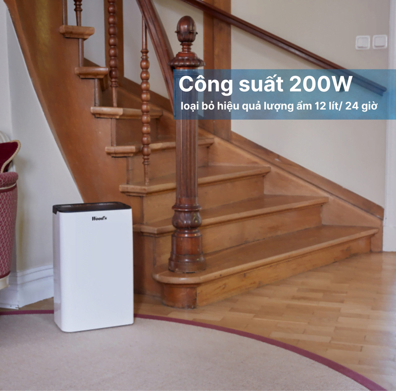 Công suất 200W, khả năng hút ẩm lên tới 12 lít/ngày 