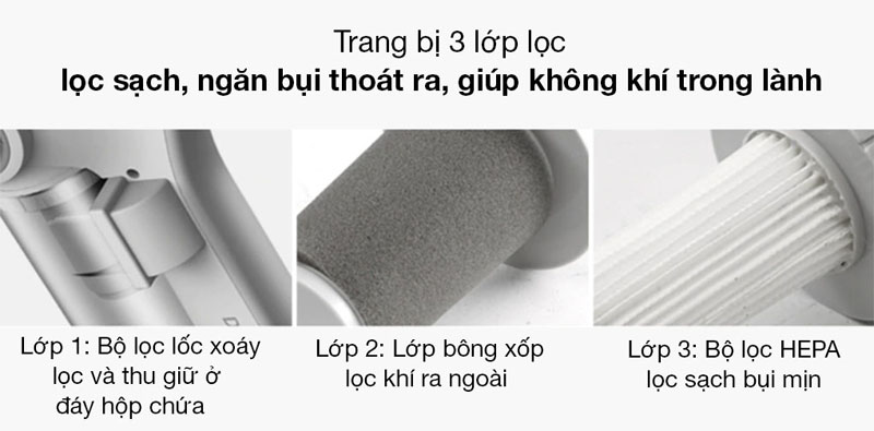 Bộ lọc HEPA  với hệ thống lọc 3 bước cho khả năng loại bỏ hiệu quả: phấn hoa, lông động vật, khói,...