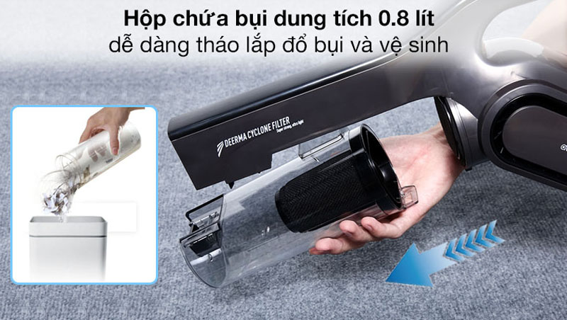 Dung tích 0.8 lít giúp chứa được nhiều bụi tiết kiệm thời gian đổ bụi nhiều lần.