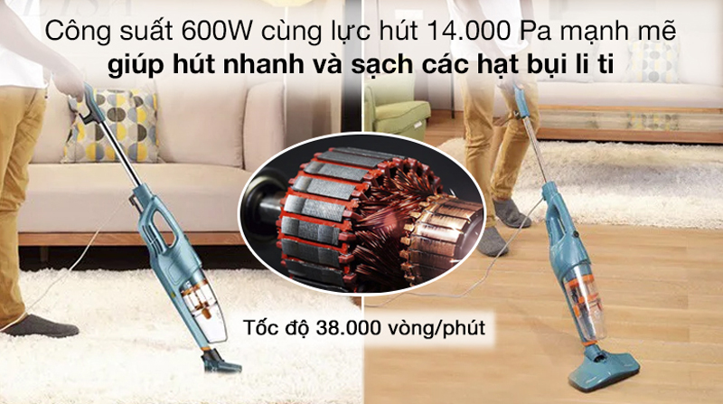 Công suất 600W tạo lực hút mạnh mẽ lên đếm 14.000Pa nhanh chóng hút sạch bụi bẩn