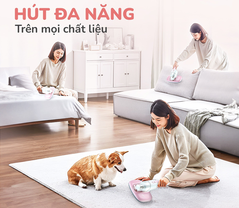 Máy có thể hút bụi trên đa dạng loại chất liệu, bao gồm chăn, nệm, sofa, rèm cửa,