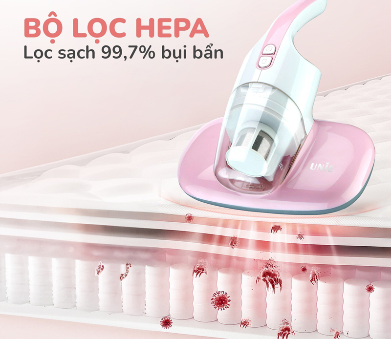 Bộ lọc hepa và  đèn diệt khuẩn UV với bước sóng 253,7nm tiêu diệt hiệu quả 99,99% vi khuẩn