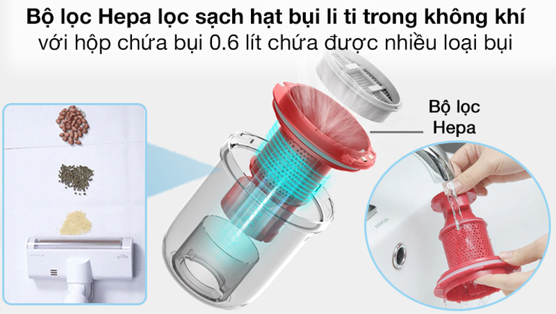 Bộ lọc Hepa loại bỏ bụi mịn tới 99.9%; lưới lọc kim loại giúp lọc các loại lông tóc, bụi,...