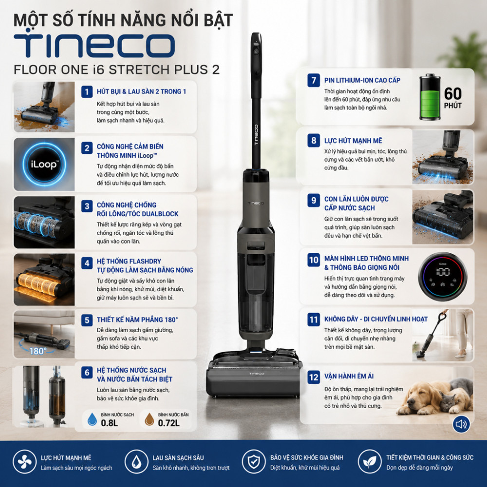 Máy hút bụi lau sàn Tineco FLOOR ONE I6 STRETCH PLUS 2 - Hàng chính hãng