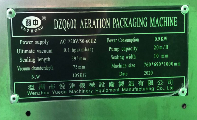 Thông số của Máy hút chân không công nghiệp Yuzhong DZQ-600