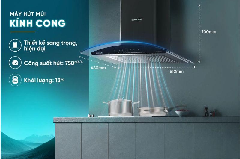 Công suất hút cực mạnh 750m3/h giúp hút sạch dầu mỡ 