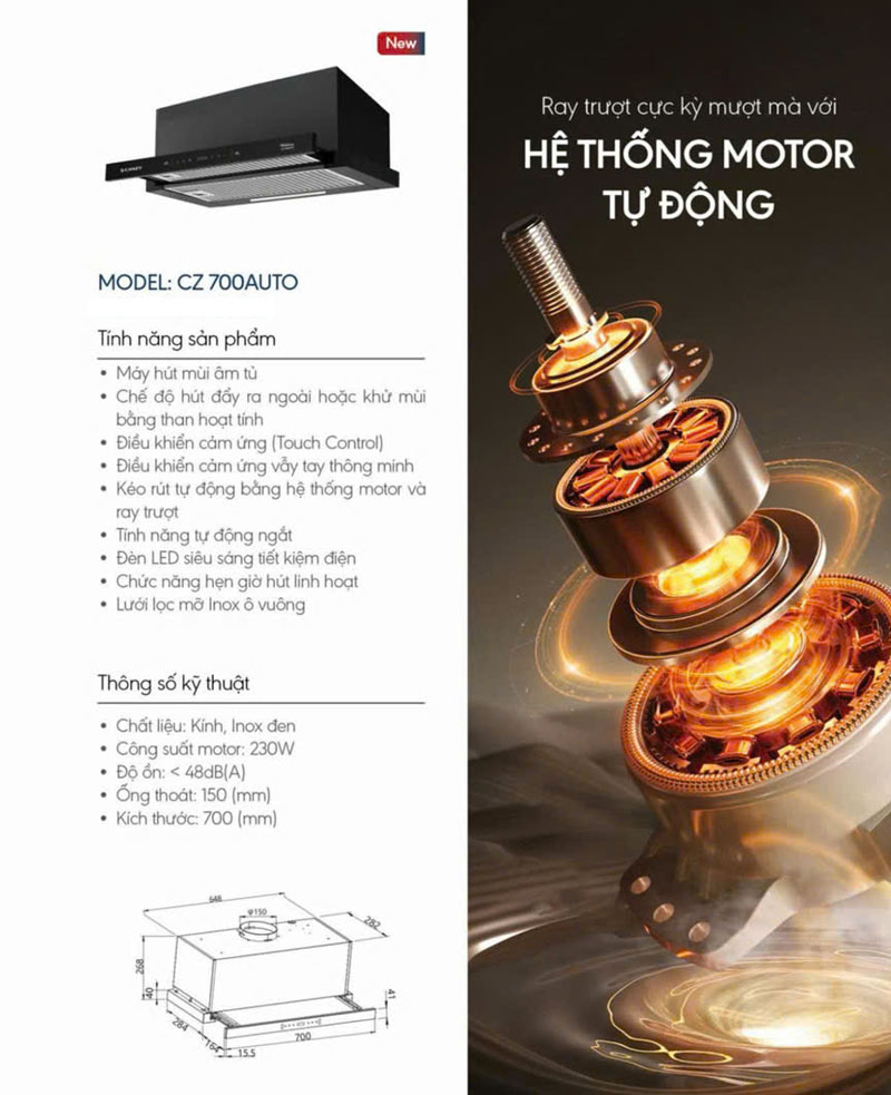 Thông số kỹ thuật của máy hút mùi âm tủ Canzy CZ-700AUTO