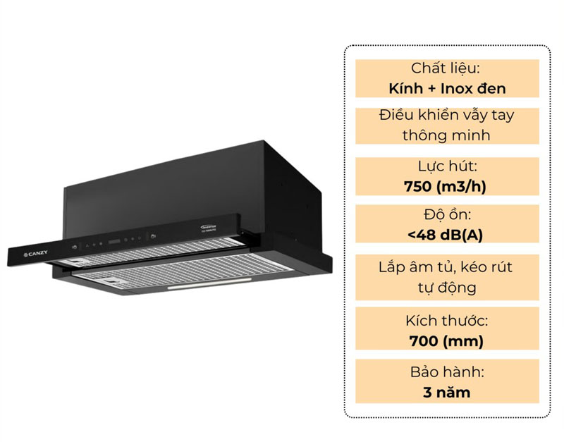 Công suất hút 750m3/h, hút sạch mùi thức ăn