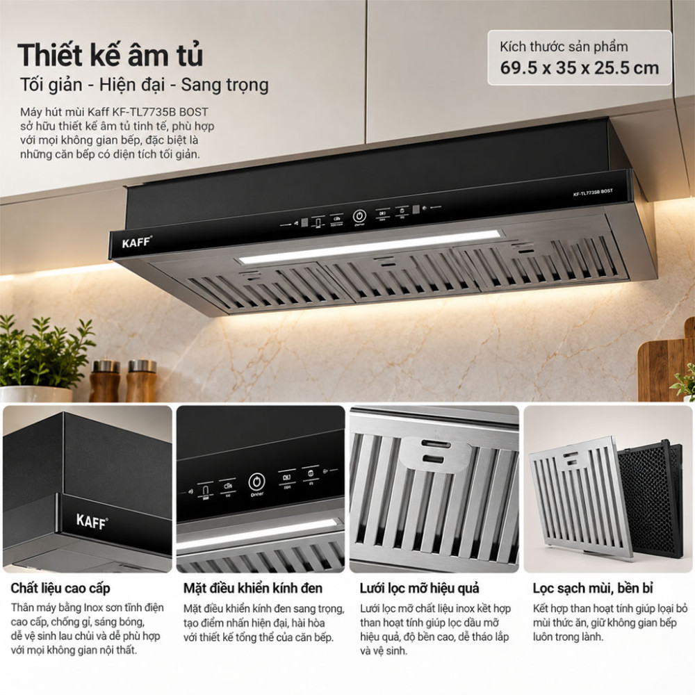 Máy hút mùi âm tủ Kaff KF-TL7735B BOST - Hàng chính hãng