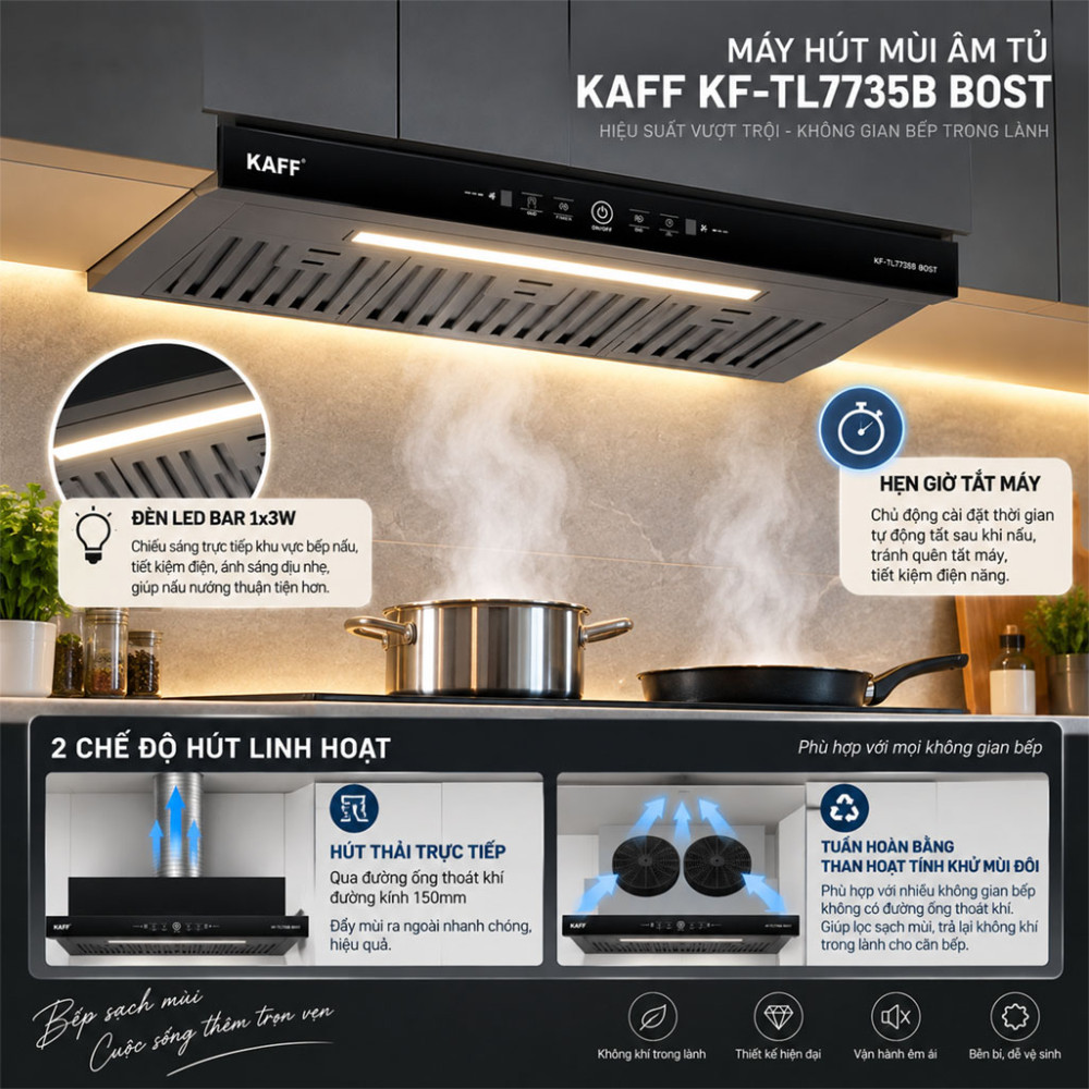 Máy hút mùi âm tủ Kaff KF-TL7735B BOST - Hàng chính hãng