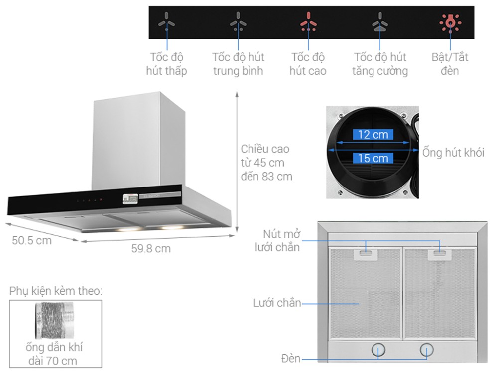 Máy hút mùi áp tường Bosch DWB67BK61T - Hàng chính hãng