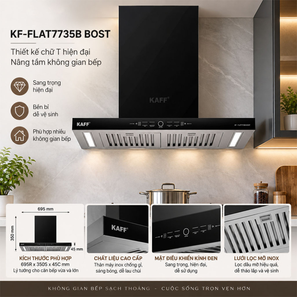 Máy hút mùi chữ T Kaff KF-FLAT7735B BOST - Hàng chính hãng