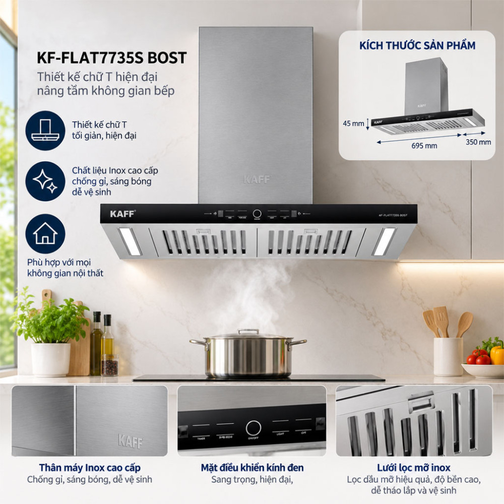 Máy hút mùi chữ T Kaff KF-FLAT7735S BOST - Hàng chính hãng