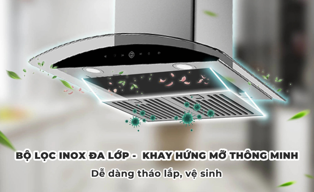 Bộ lọc dầu mỡ bằng inox, dễ tháo rời và vệ sinh.