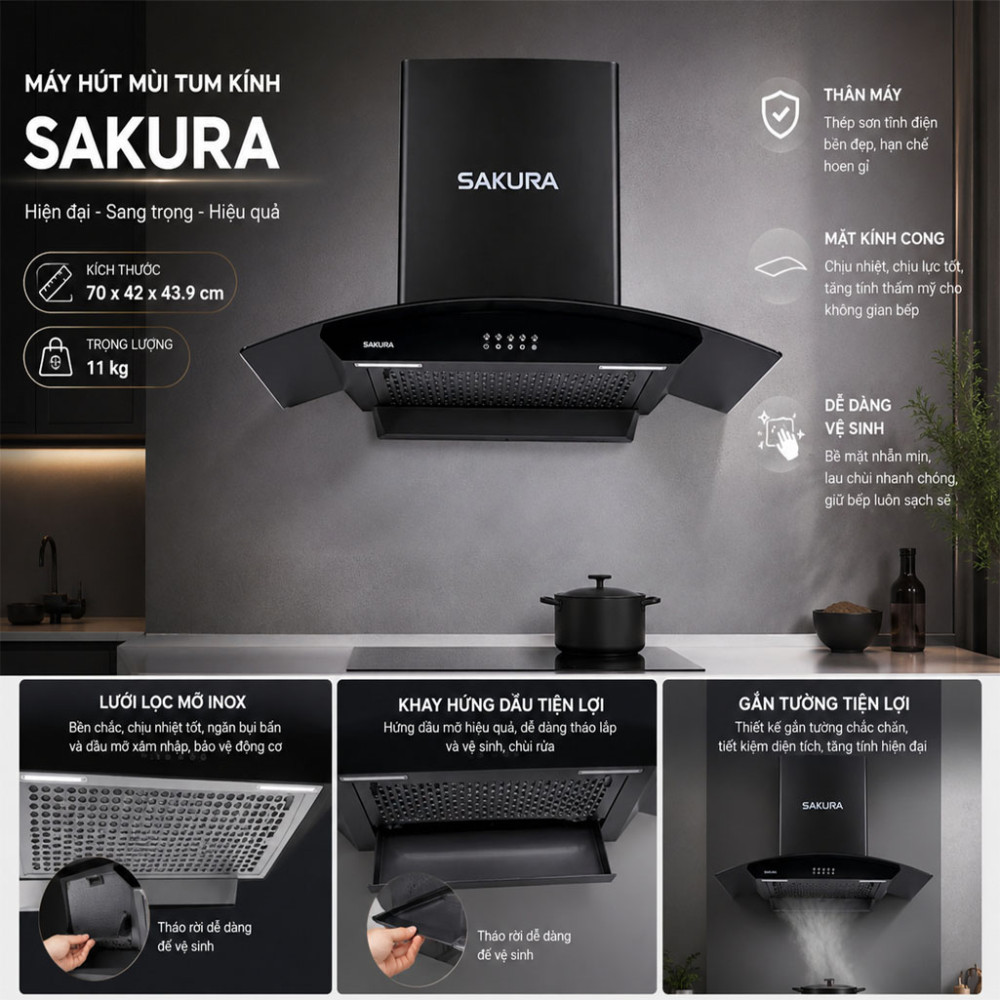 Máy hút mùi tum kính Sakura SR-7720G - Hàng chính hãng