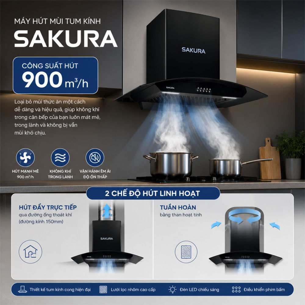 Máy hút mùi tum kính Sakura SR-7720G - Hàng chính hãng
