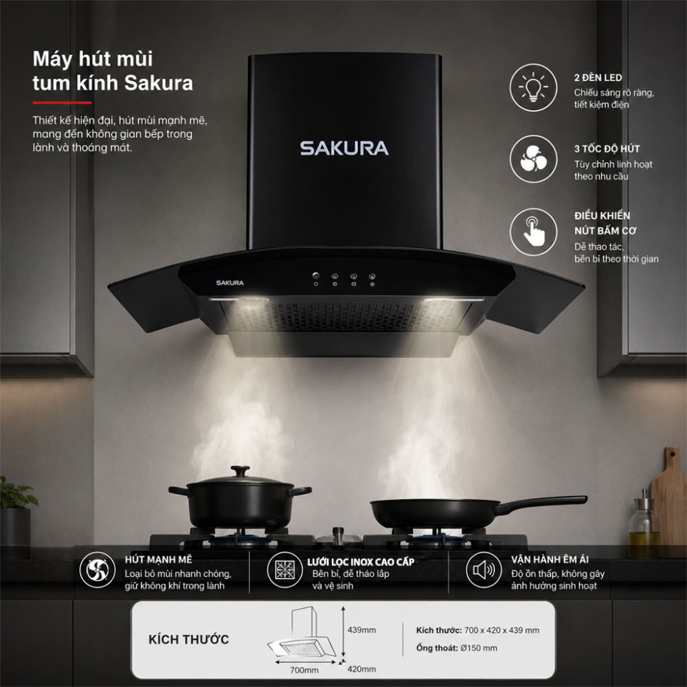 Máy hút mùi tum kính Sakura SR-7720G - Hàng chính hãng