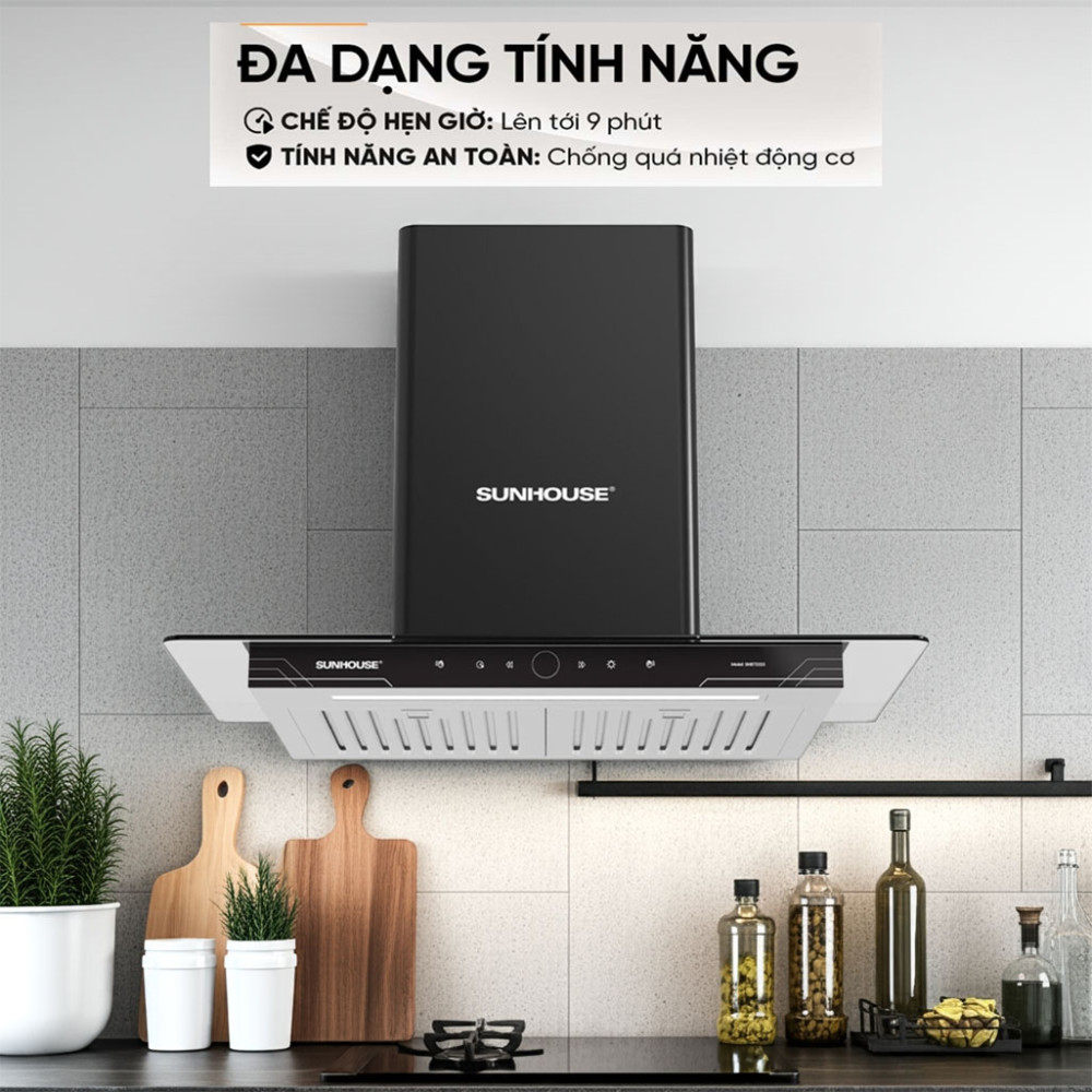 Máy hút mùi tum kính Sunhouse SHB72023 được tích hợp đa dạng tính năng tiện dụng