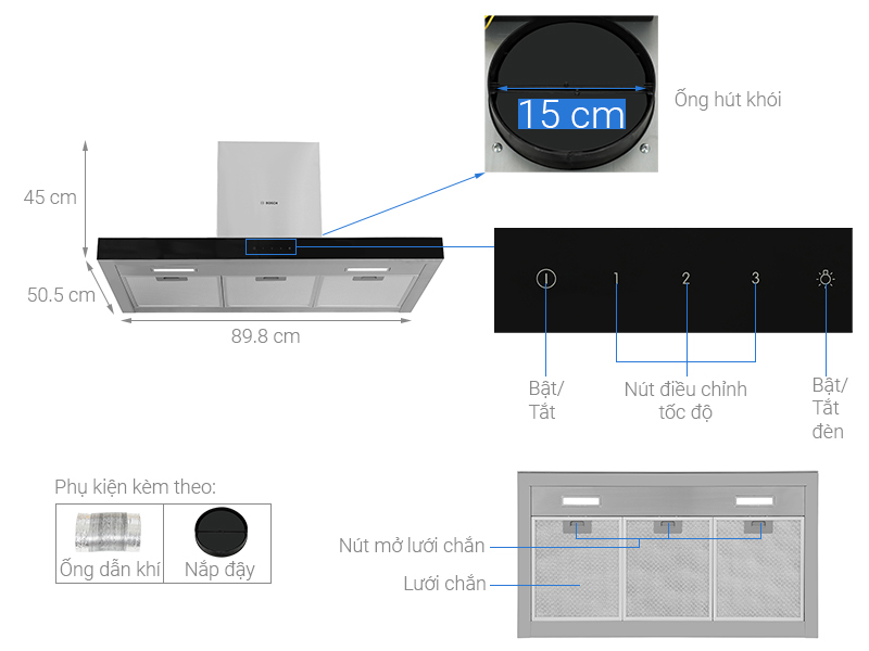 Kích thước của máy hút mùi tum kính Bosch DWBM98G50B