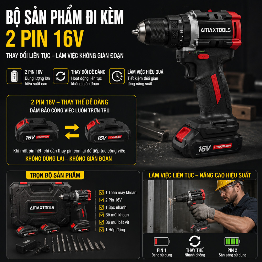 Máy khoan dùng pin Amaxtools AKI6510SA - Hàng chính hãng