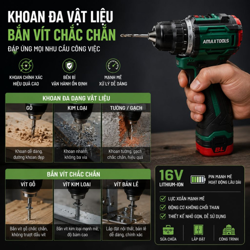 Máy khoan dùng pin 16V Amaxtools AKI6511-Plus - Hàng chính hãng