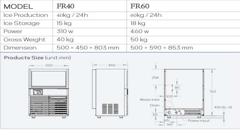 Thông số kỹ thuật của máy làm đá viên  Fujiair FR60