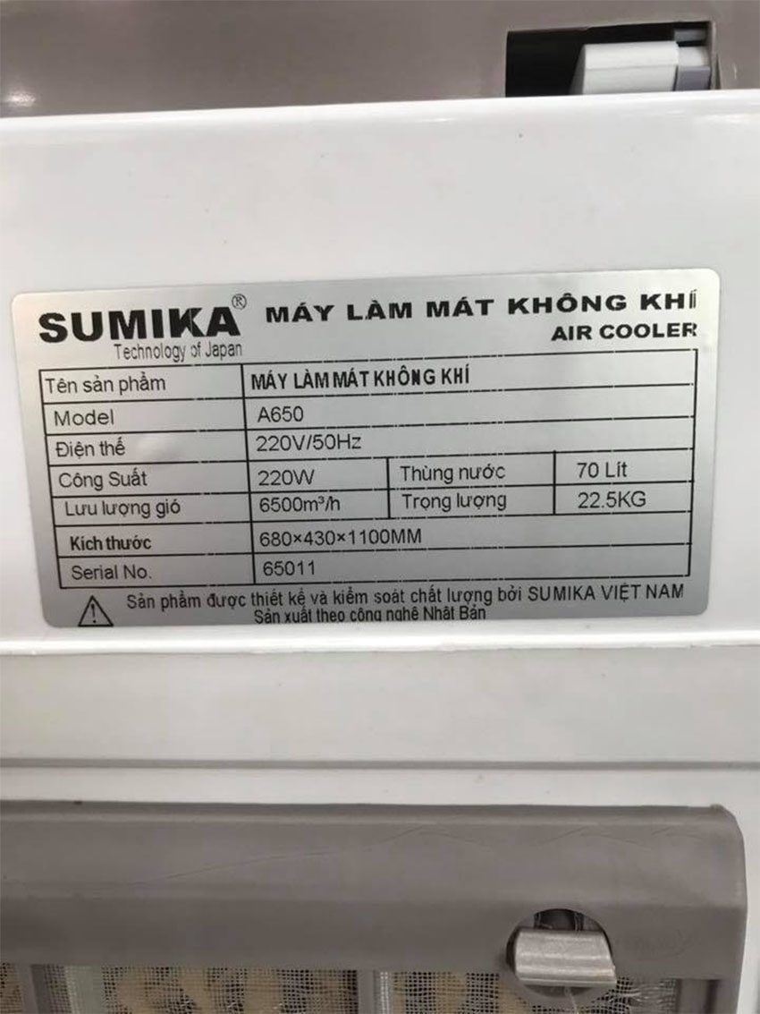 Thông số của Máy làm mát không khí Sumika A650