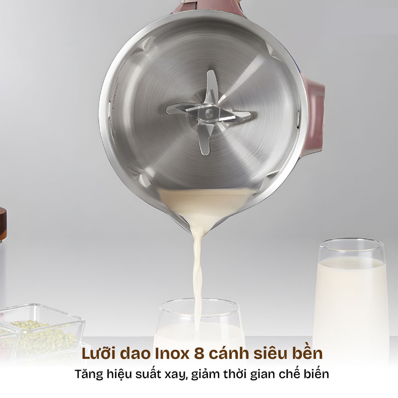 Lưỡi dao 8 cánh bằng inox không gỉ, xay nhuyễn mọi nguyên liệu 