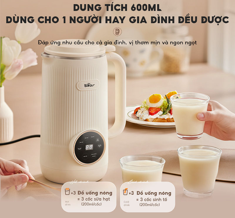 Dung tích máy 0.6L đáp ứng nhu cầu sử dụng gia đình có 1-3 thành viên.