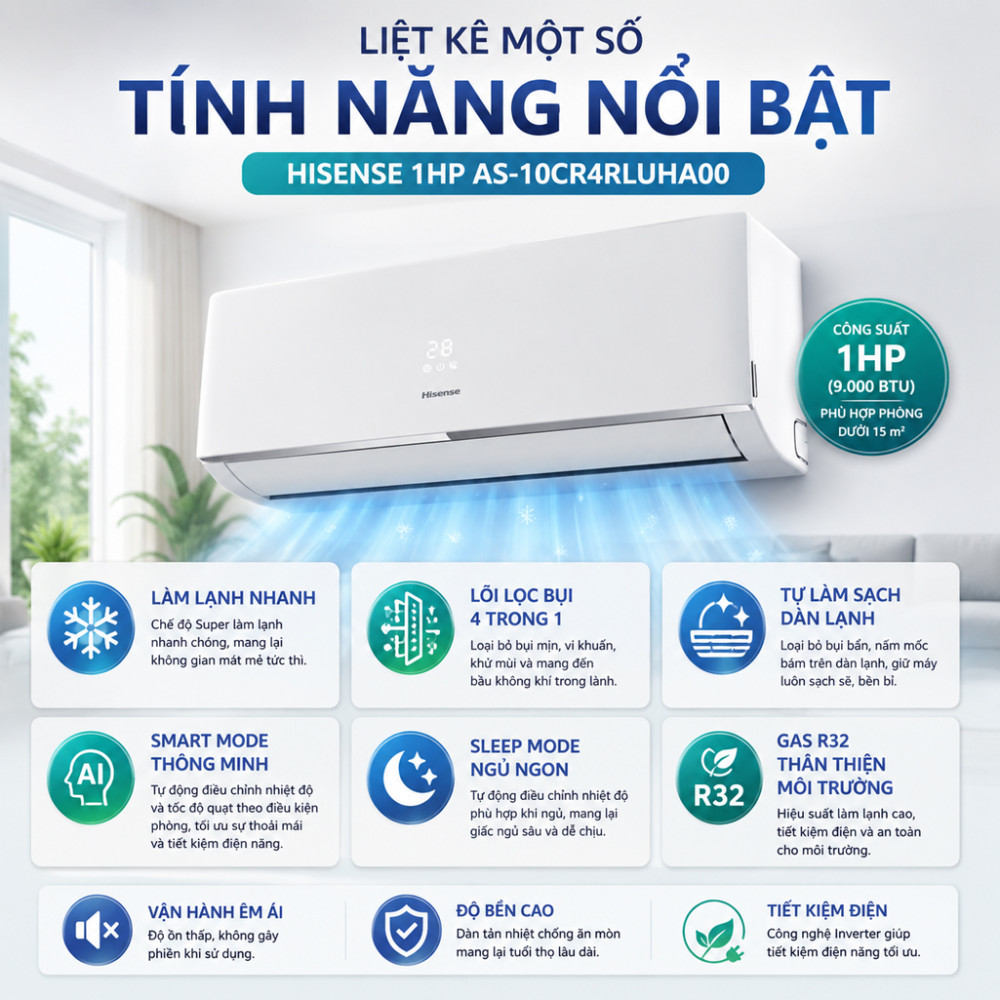 Máy lạnh Hisense 1HP AS-10CR4RLUHA00 - Hàng chính hãng