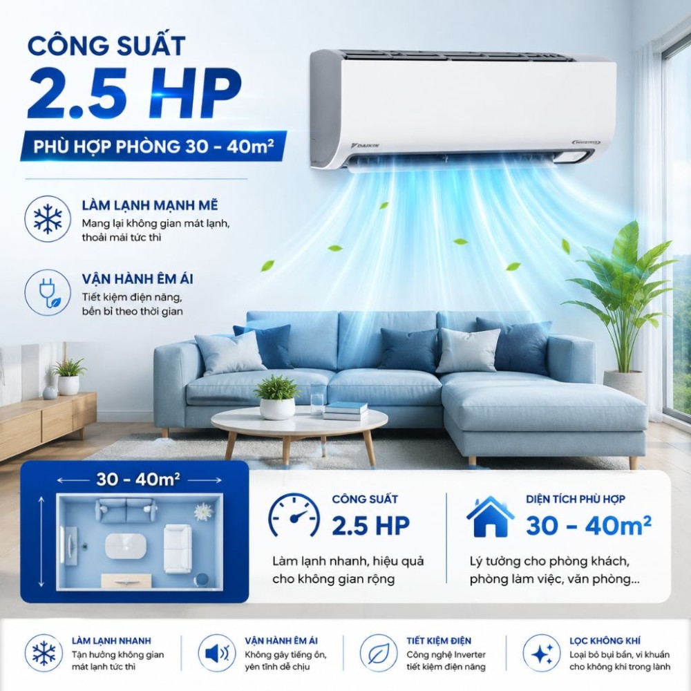 Máy lạnh Daikin Inverter 2.5 HP FTKF60ZVMV - Hàng chính hãng