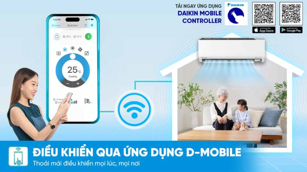 Điều khiển từ xa bằng điện thoại thông qua ứng dụng D-Mobile.