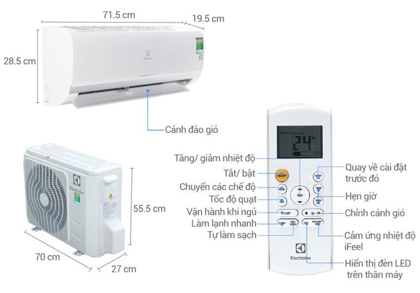 Kích thước của máy lạnh 2 chiều Electrolux ESV09HRK-A3