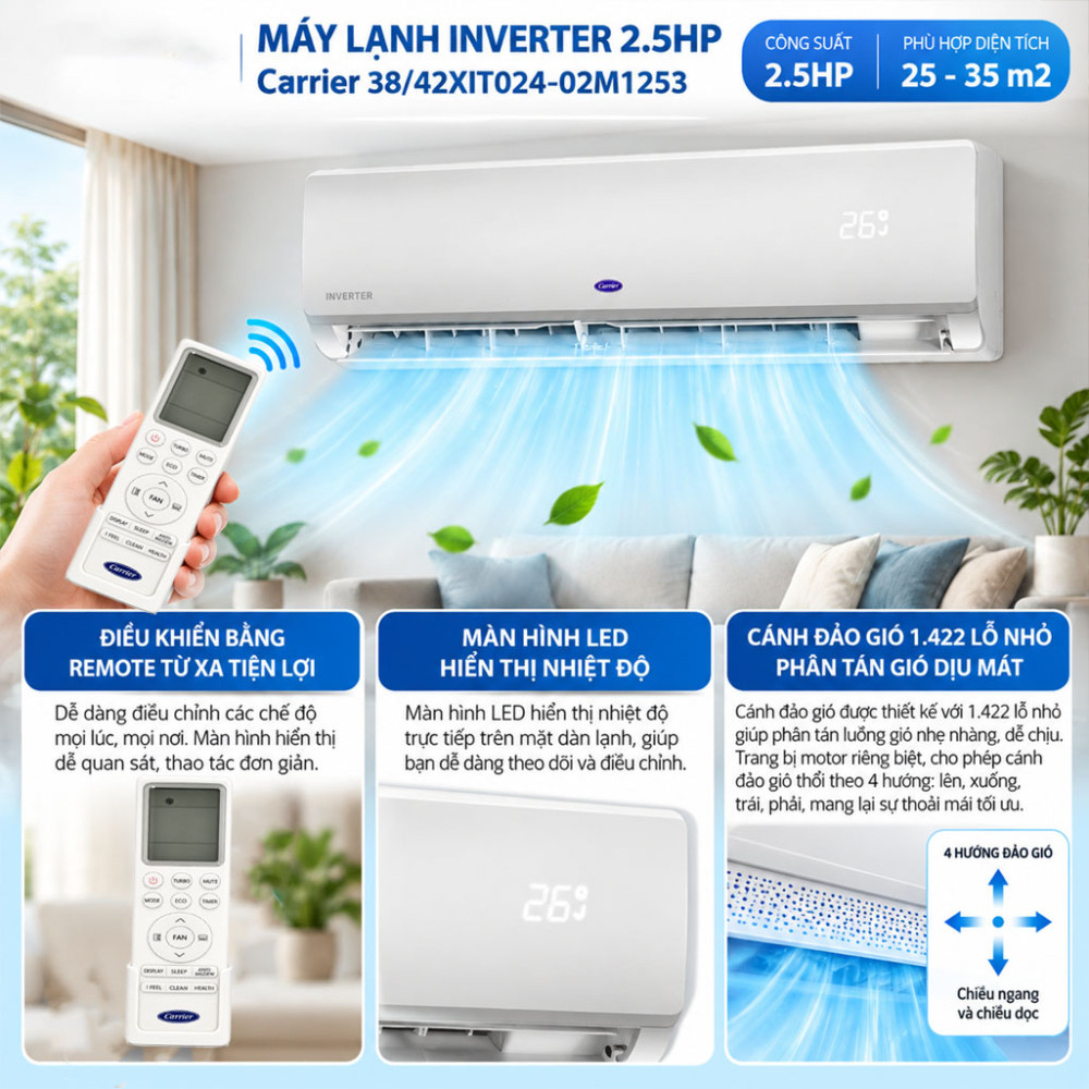 Máy lạnh Inverter 2.5HP Carrier 38/42XIT024-02M1253 - Hàng chính hãng