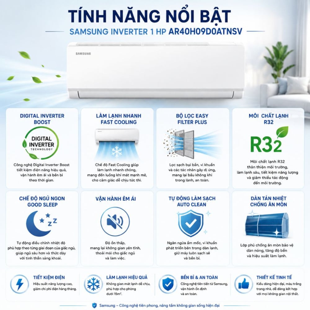 Máy lạnh Samsung Inverter 1 HP AR40H09D0ATNSV - Hàng chính hãng