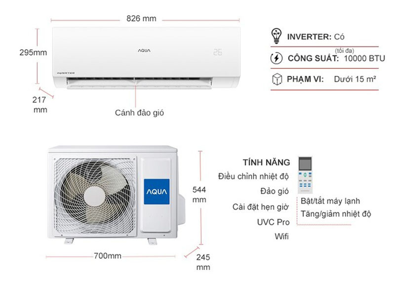 Kích thước của máy lạnh Aqua Inverter 1 HP AQA-RUV10XAW2