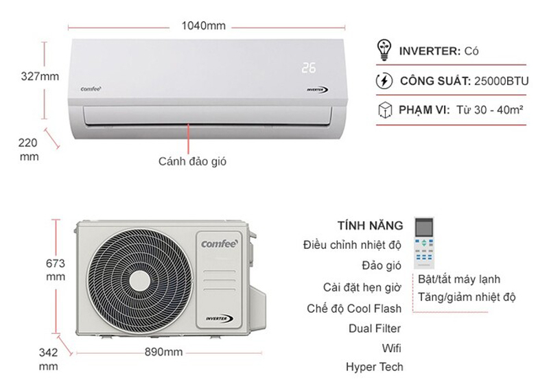 Kích thước của máy lạnh  Comfee inverter 2.5 HP CFS-25VAF