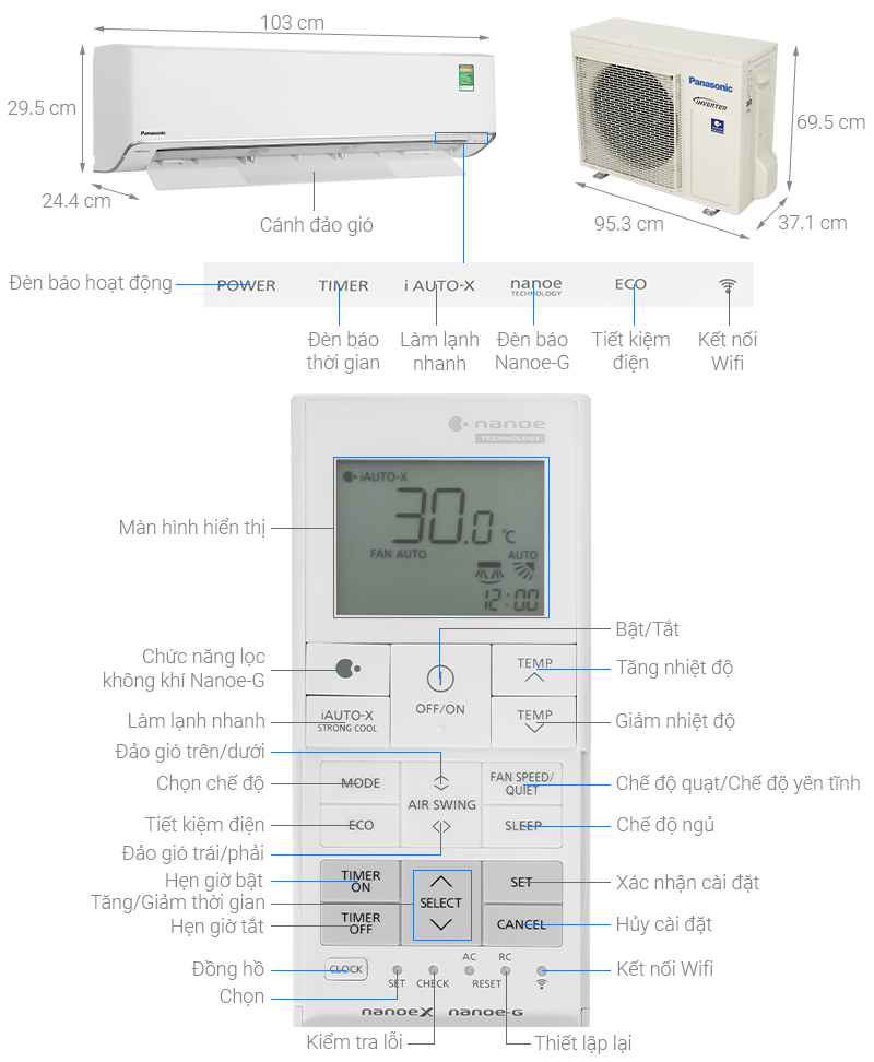 Kích thước của máy lạnh Panasonic Inverter 2.5 HP CU/CS-XU24ZKH-8