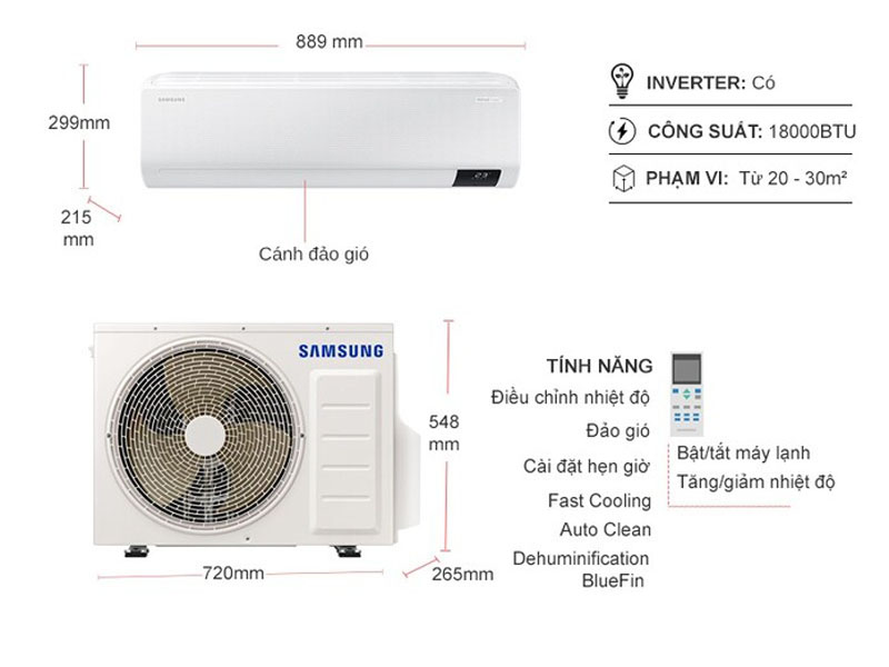 Kích thước của máy lạnh Samsung Inverter 2 Hp AR18CYFCAWKNSV 