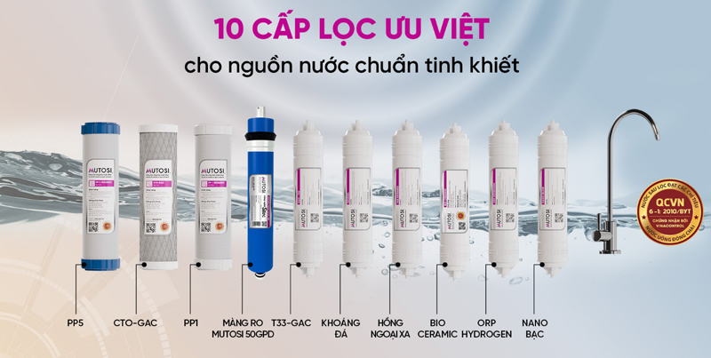 10 cấp độ lọc, đem đến hiệu quả cao,  loại bỏ các hợp chất, làm mềm nước,