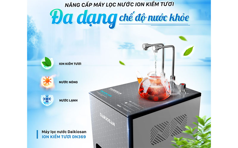 3 loại nước của Máy lọc nước ion kiềm tươi nóng nguội lạnh Daikiosan DN369 