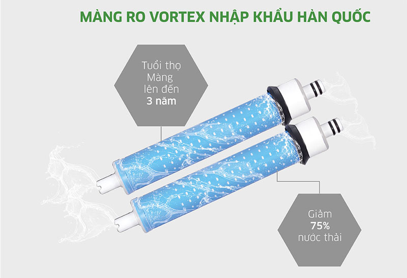 Hệ thống 10 cấp lọc cùng màng lọc RO Vortex, loại bỏ các tạp chất có trong nước