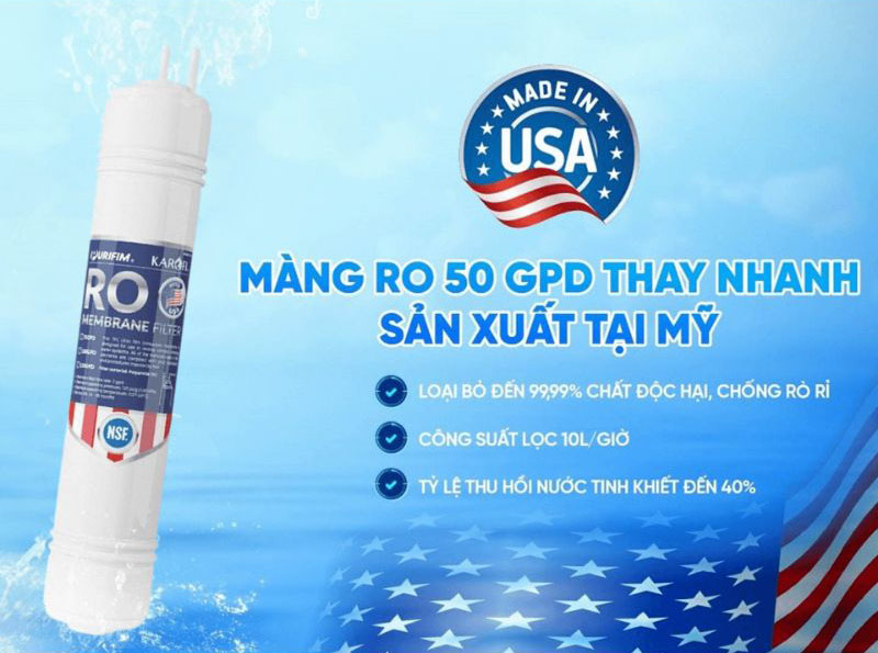 Màng lọc RO 50 GPD thay nhanh sản xuất tại Mỹ, loại bỏ 99,99% virus, vi khuẩn, amip,