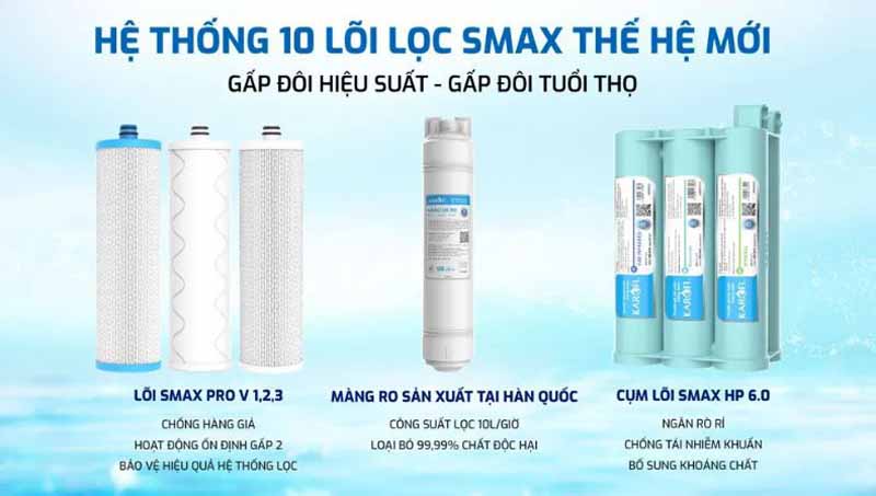 10 lõi lọc công nghệ Smax, gấp 2 hiệu suất, gấp 2 tuổi thọ