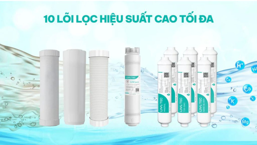 Hệ thống10  lõi lọc RO nhiều cấp, loại bỏ tạp chất, vi khuẩn, kim loại nặng