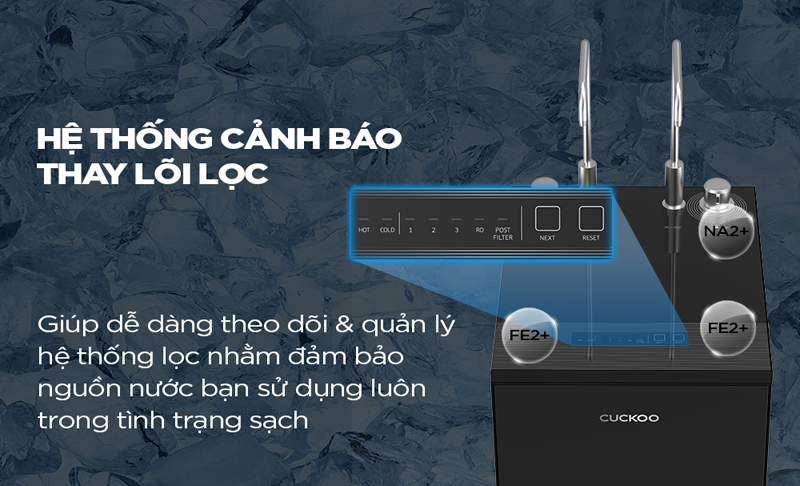 Máy còn có chức năng cảnh báo thay lõi lọc tiện lợi.