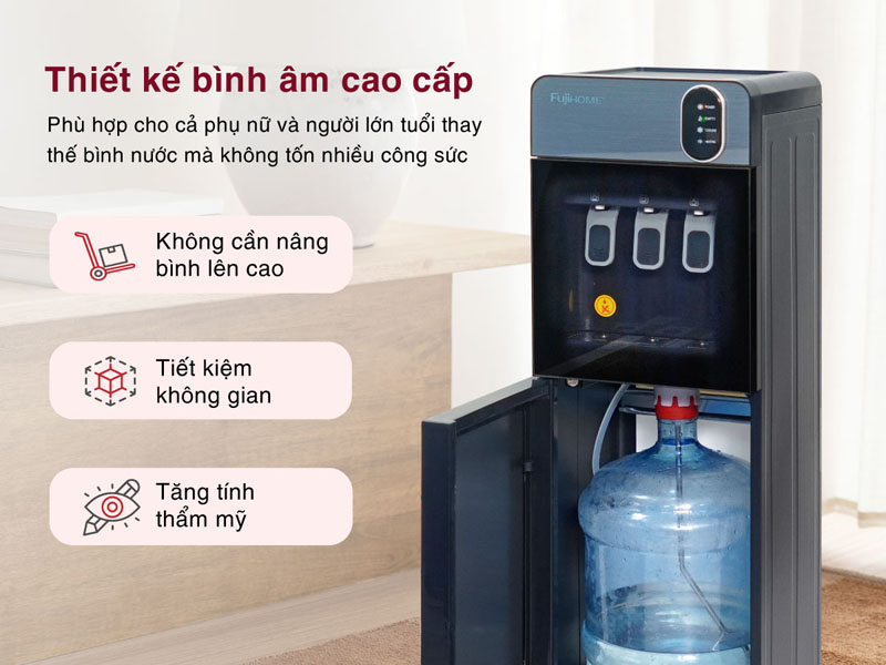 Bình nước đặt âm ở ngăn dưới giúp thay bình nước dễ dàng