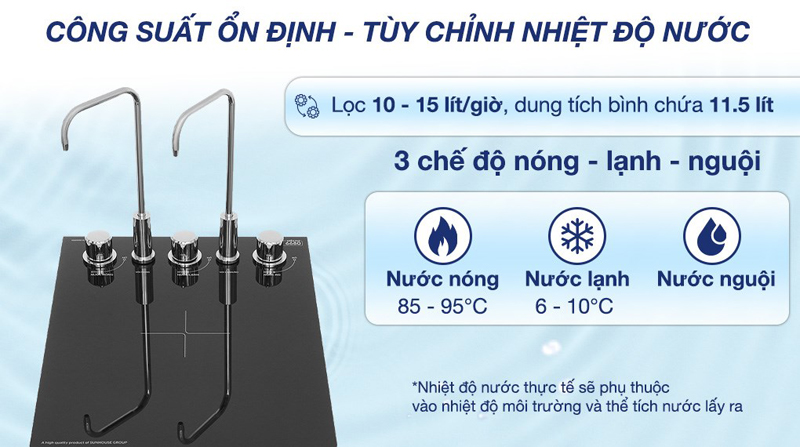 Có 3 loại nước khác nhau: Nóng - Lạnh - RO, đáp ứng nhuc ầu sử dụng hàng ngày