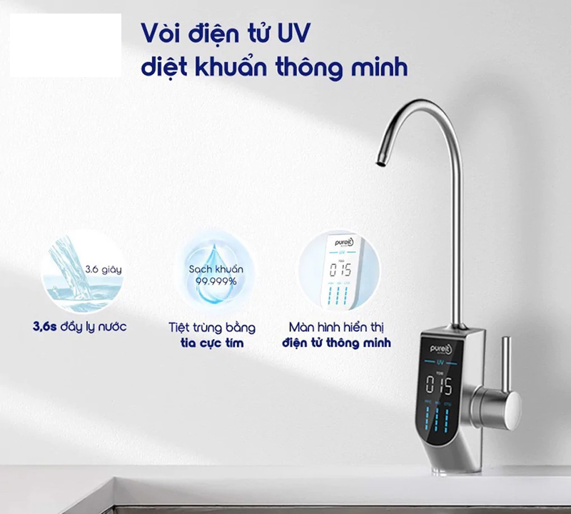 Vòi điện tử diệt khuẩn UV thông minh, hiển thị cảnh báo thay lọc và chất lượng nguồn nước